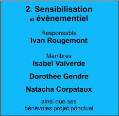 2. Sensibilisation et évènementiel  Responsable Ivan Rougemont  Membres Isabel Valverde Dorothée Gendre Natacha Corpataux ainsi que ses  bénévoles projet ponctuel