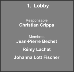 	1.	Lobby   Responsable Christian Crippa  Membres Jean-Pierre Bechet Rémy Lachat Johanna Lott Fischer