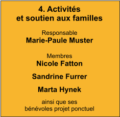4. Activités et soutien aux familles  Responsable Marie-Paule Muster  Membres Nicole Fatton Sandrine Furrer Marta Hynek ainsi que ses  bénévoles projet ponctuel