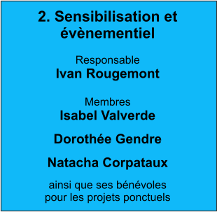 2. Sensibilisation et évènementiel  Responsable Ivan Rougemont  Membres Isabel Valverde Dorothée Gendre Natacha Corpataux ainsi que ses bénévoles  pour les projets ponctuels